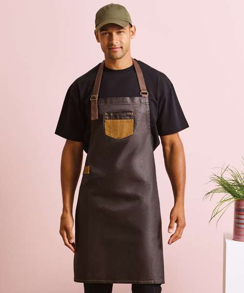 Division waxed-look denim bib apron with faux leather